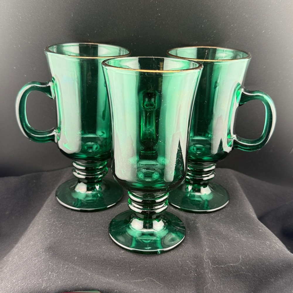 3 Libbey Juniper Green Irish Coffee Mug. Gold rim. 6”H